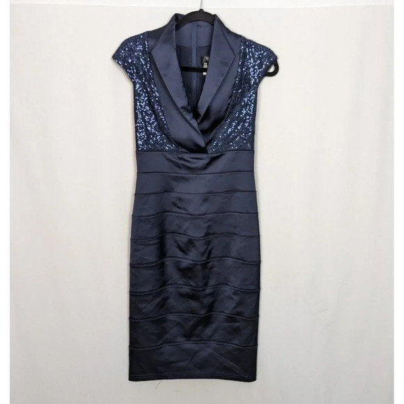 Tadashi Shoji 6 Navy Satin Cocktail Formal Sheath Dress Lace Cap Sleeves Sequin - Picture 1 of 13